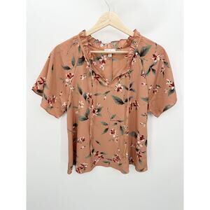 nlt Brown Short Sleeves V-neck Floral Polyester Blouse Top Women's Size Small